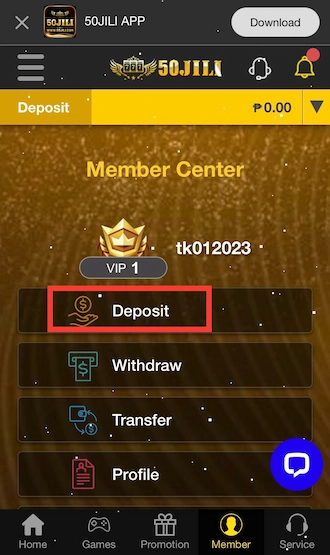 Step 1: 50jili VIP login to your betting account. Then select Deposit